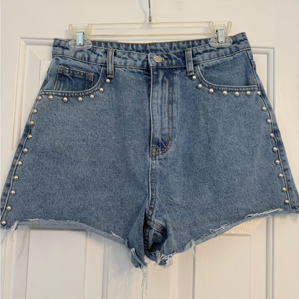 Denim High-Waisted Women's Shorts with Silver Stud Accents